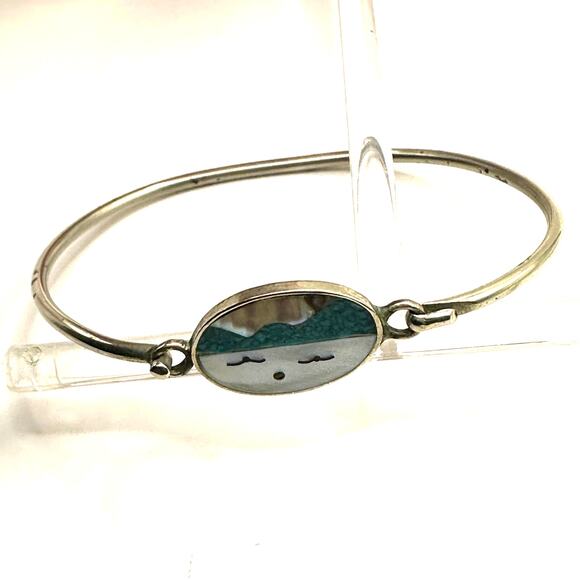Alpaca Bracelet hooked Silver tone Beach Cloud Face Vintage Mother of Pearl - Picture 1 of 11